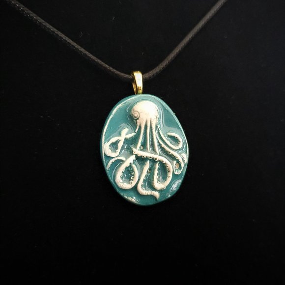 Handmade Ceramic Turquoise Octopus Kraken Pendant Necklace - Picture 2 of 14